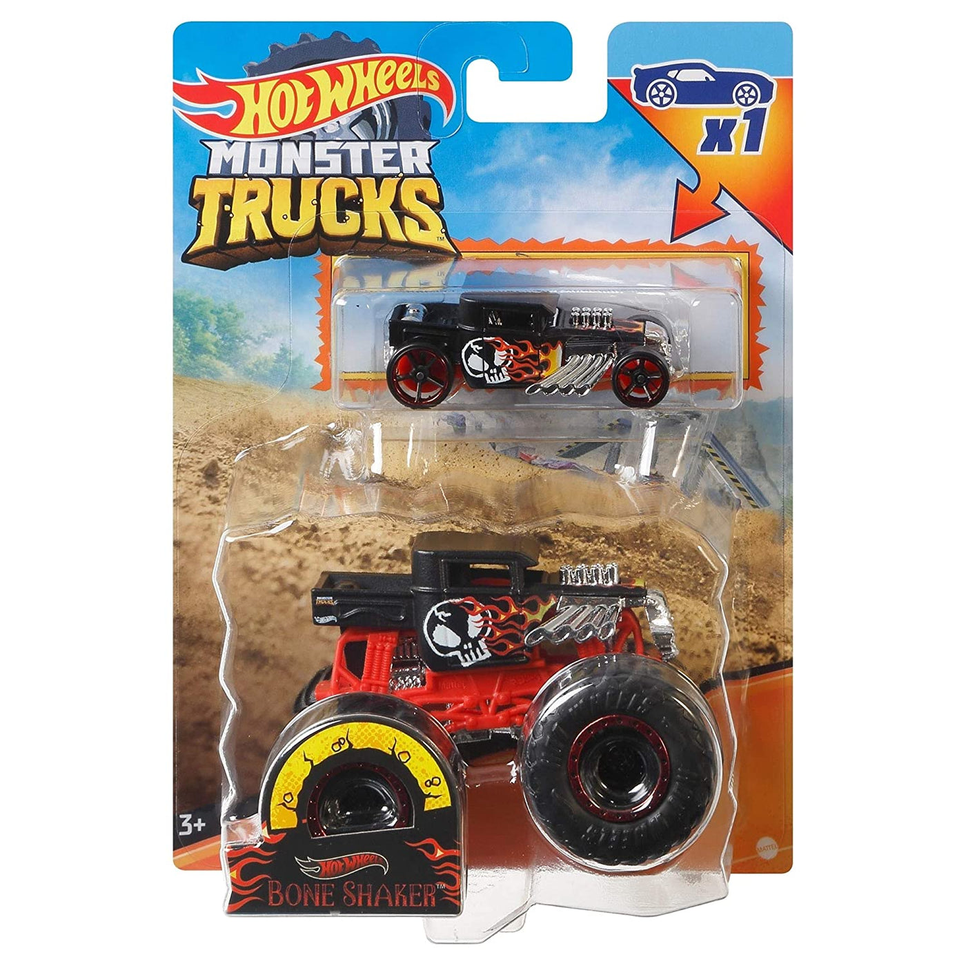 Monster Trucks Bone Shaker with Crushed Car 1:64 Hot Wheels