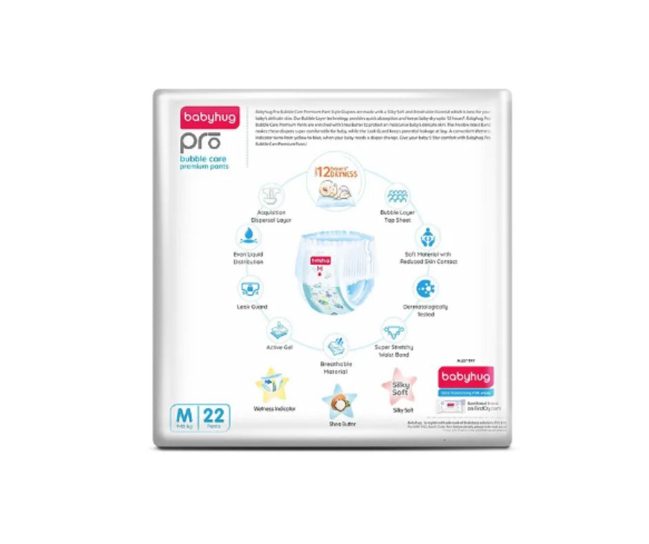 Babyhug Pro Bubble Care Premium Pant Style Diapers Medium (M) Size - 22 Pieces