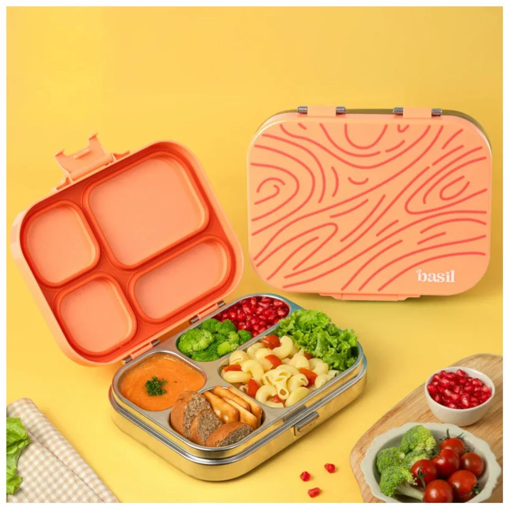 Basil: Bento Quad - 4 Compartment Stainless steel Lunchbox with Plastic lid - Coral Swirl