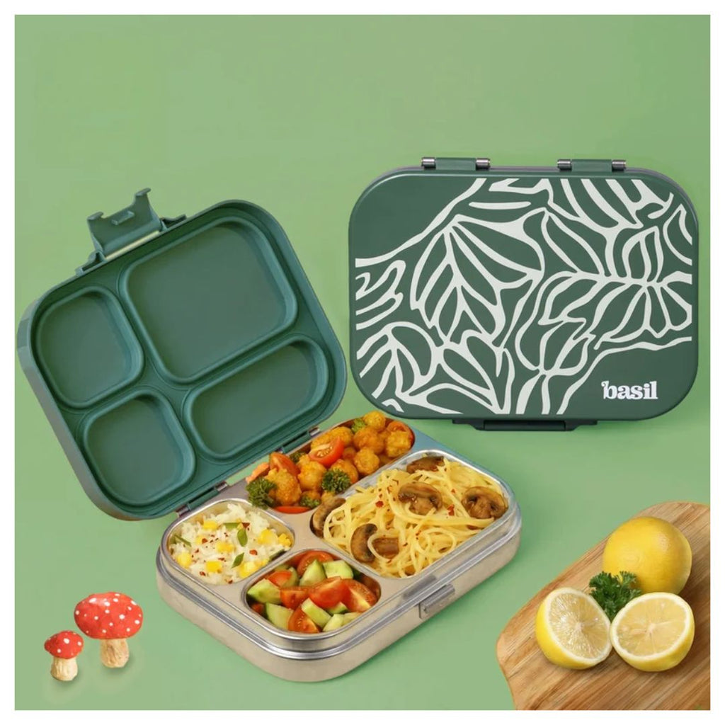 Basil: Bento Quad - 4 Compartment Stainless steel Lunchbox with Plastic lid - Emerald Moss