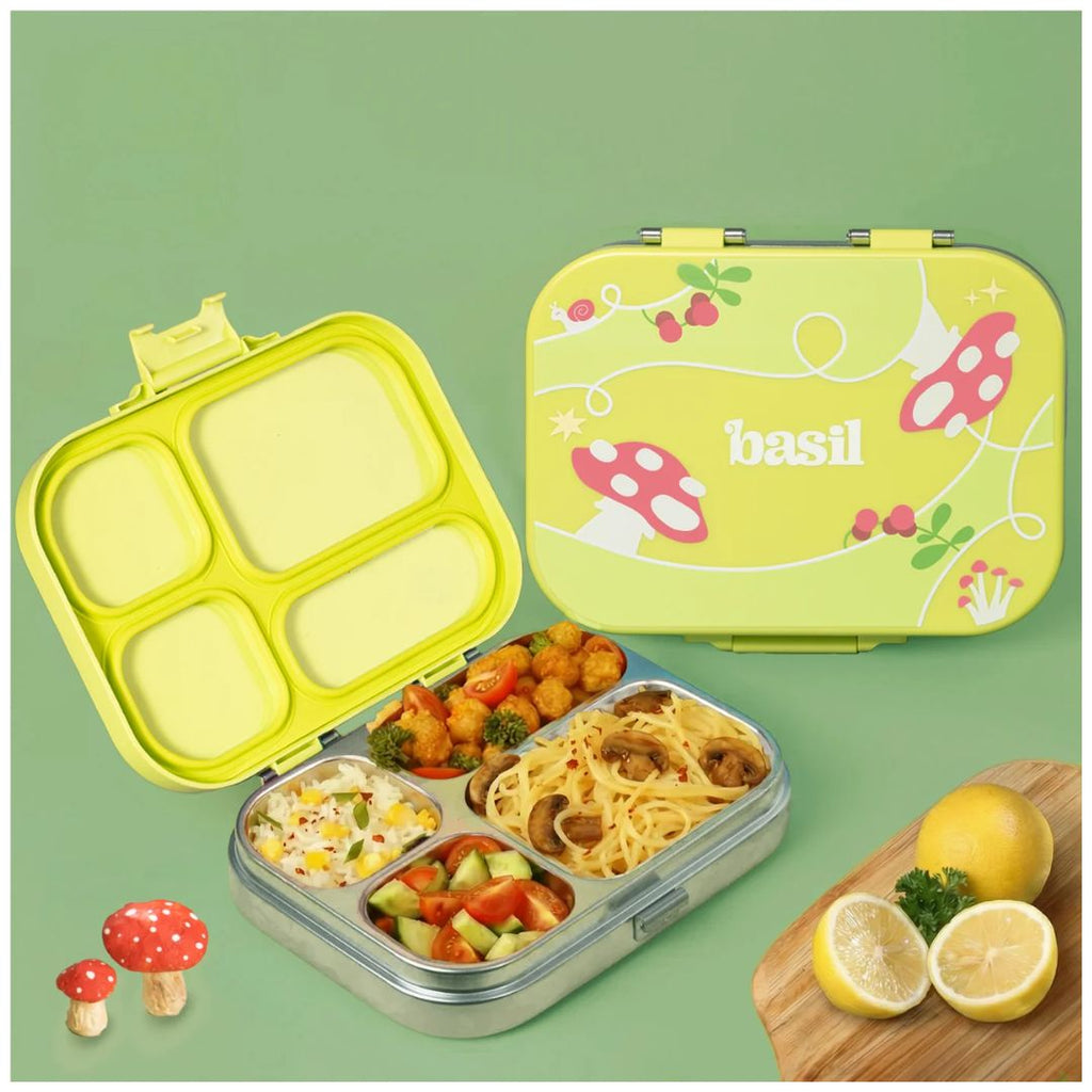 Basil: Bento Quad - 4 Compartment Stainless steel Lunchbox with Plastic lid - Mushroom Trail