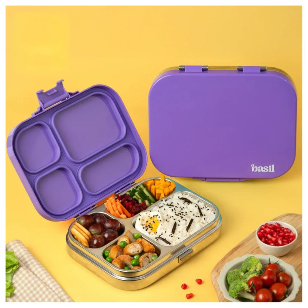 Basil: Bento Quad - 4 Compartment Stainless steel Lunchbox with Plastic lid - Purple Pop