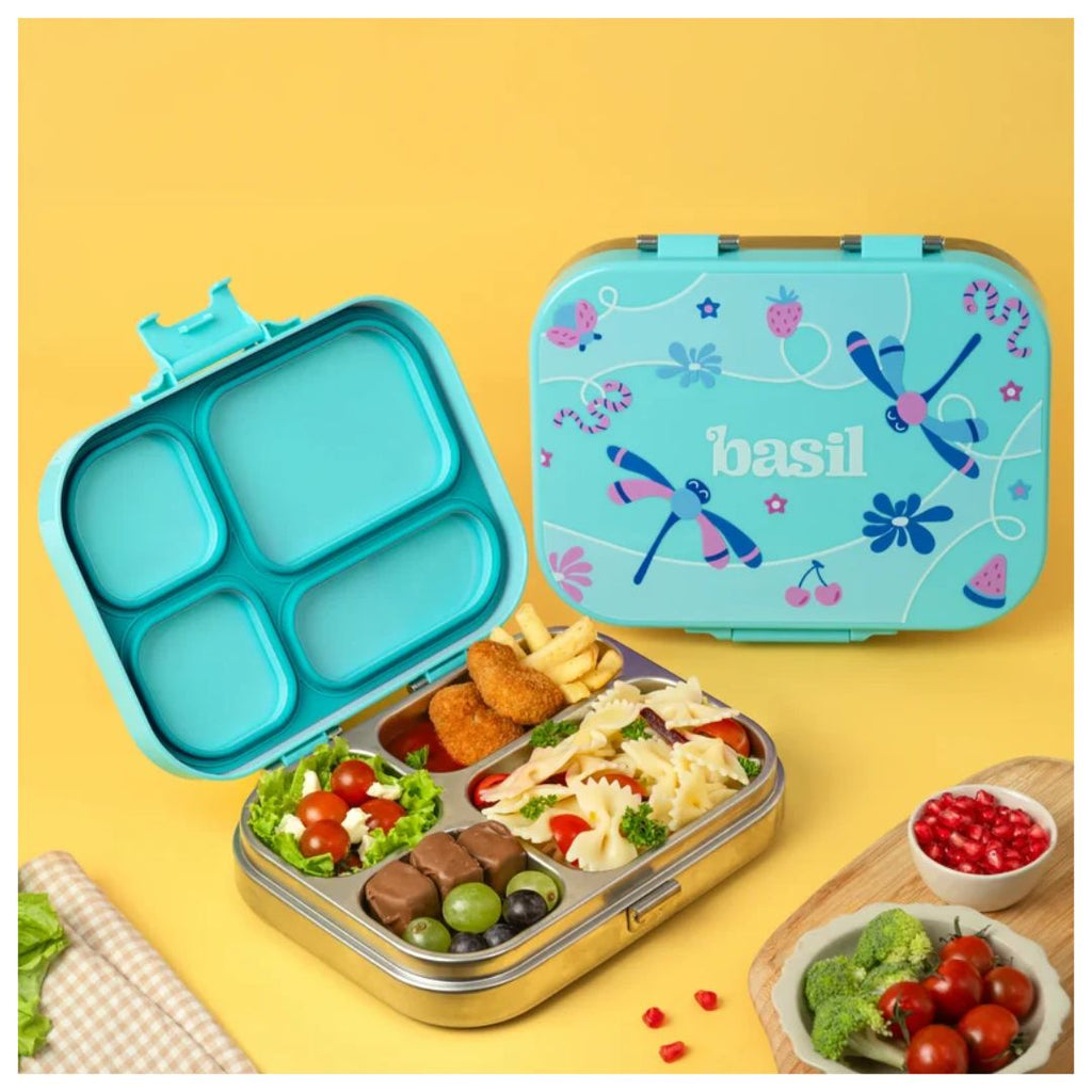 Basil: Bento Quad - 4 Compartment Stainless steel Lunchbox with Plastic lid - Teal Garden