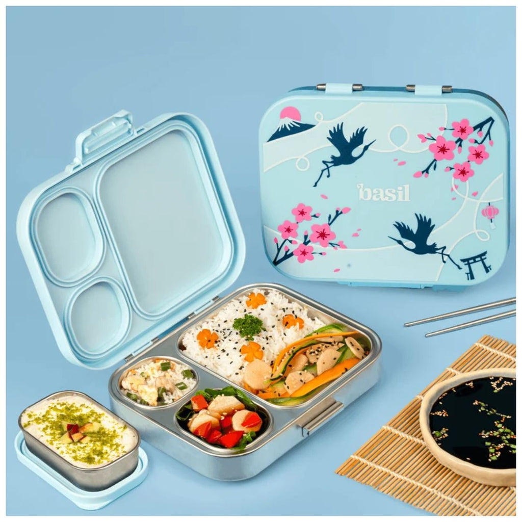 Basil: Bento Quad+ - 3+1 Compartment Stainless steel Lunchbox with Mini Box - Sakura Bloom