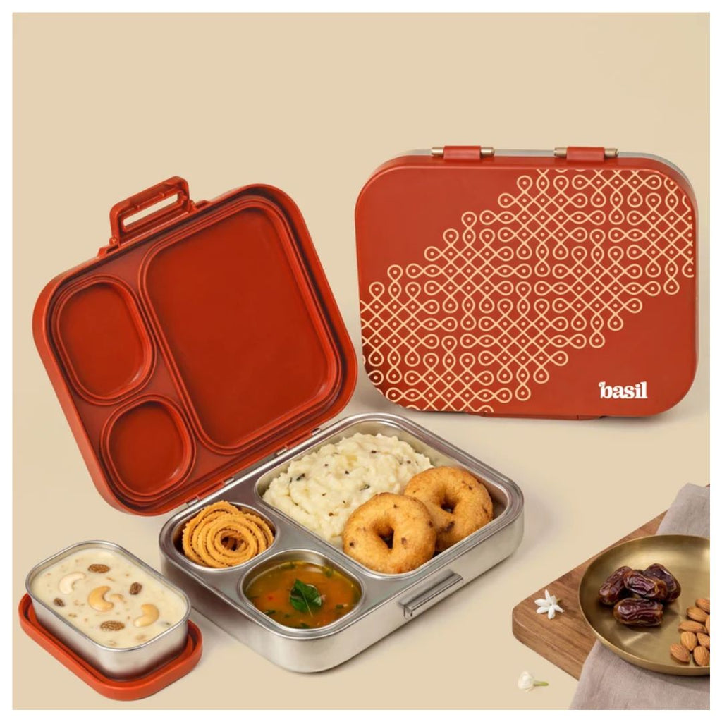 Basil: Bento Quad+ - 3+1 Compartment Stainless steel Lunchbox with Mini Box - Tanjore Kolam