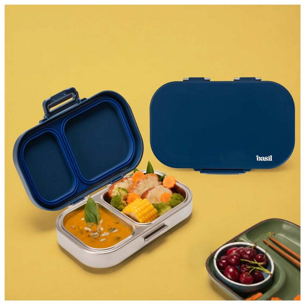 Basil: Bento Ace - 2 Compartment Stainless Steel Lunchbox with Plastic Lid - Classic Blue
