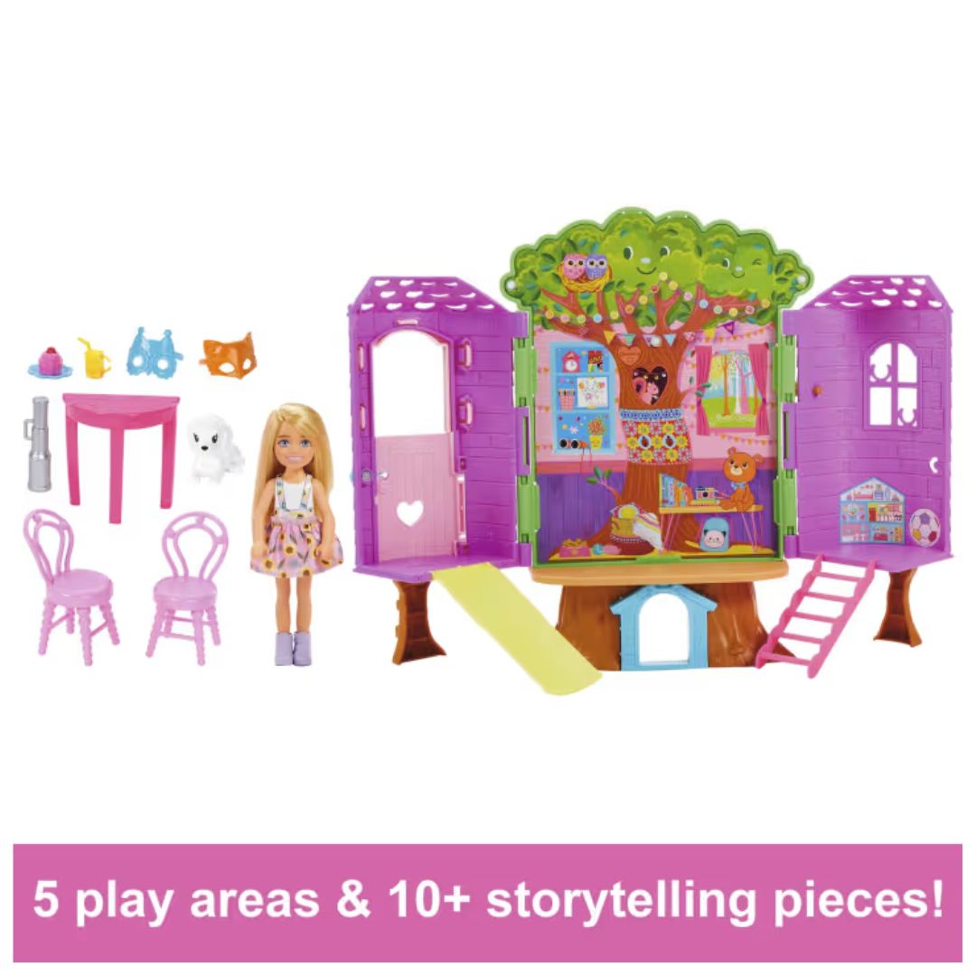 Chelsea Barbie Doll And Treehouse Playset With Pet Puppy