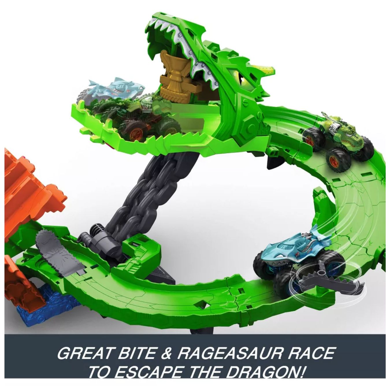 Hot Wheels Monster Trucks Sharks vs Dinos Dragon Destruction Track Set