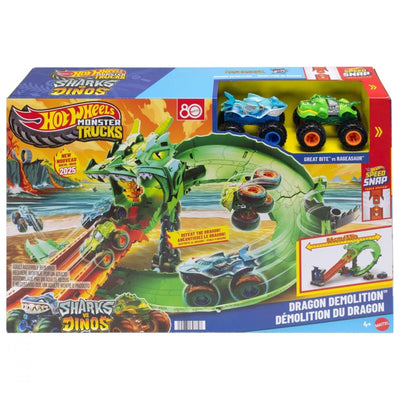 Hot Wheels Monster Trucks Sharks vs Dinos Dragon Destruction Track Set