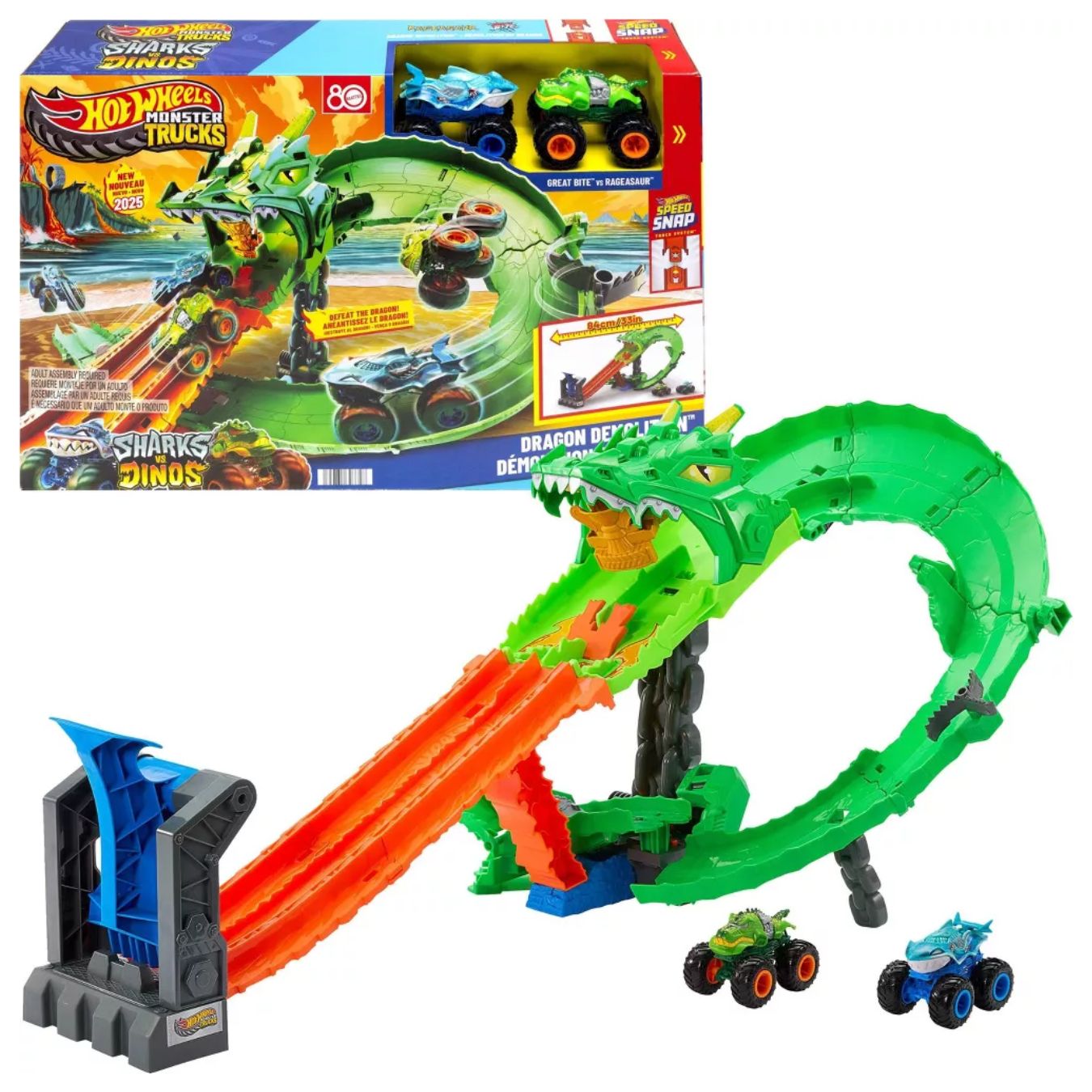 Hot Wheels Monster Trucks Sharks vs Dinos Dragon Destruction Track Set