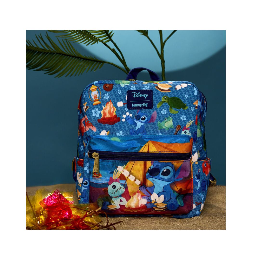 Loungfly: Stitch Camping Cuties All-Over Print Nylon Square Mini Backpack