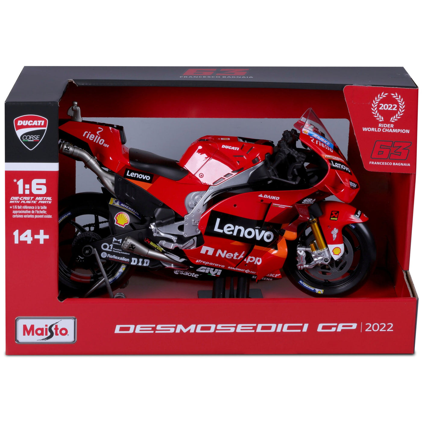 Maisto: 2022 Moto GP Ducati Desmosecidi Lenovo team #63 Francesco Bagnaia (1:6)