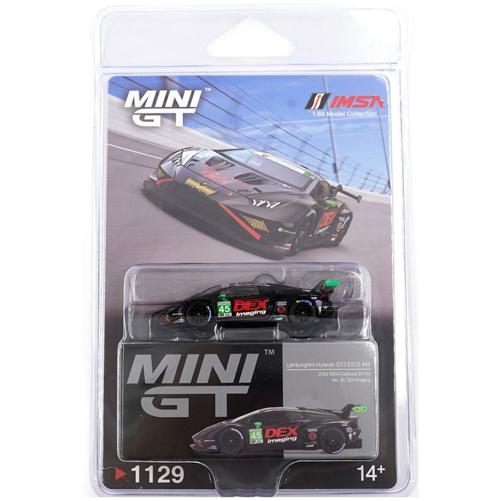 Mini GT Blister #1129: Lamborghini Huracán GT3 EVO2 #45 No. 45 DEX Imaging  2024 IMSA Daytona 24 Hrs