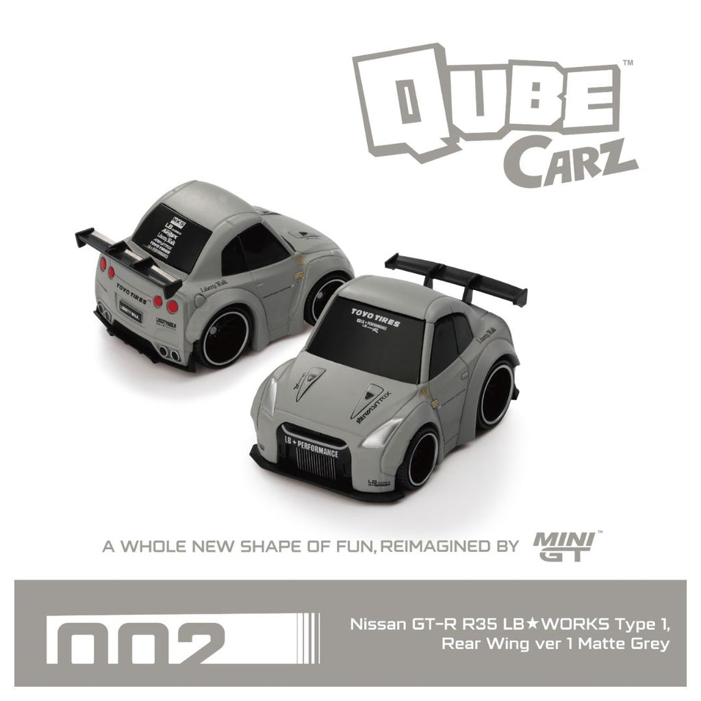 Mini GT Qube Carz #002: Nissan GT-R R35 LB★WORKS Type 1, Rear Wing ver 1 Matte Grey