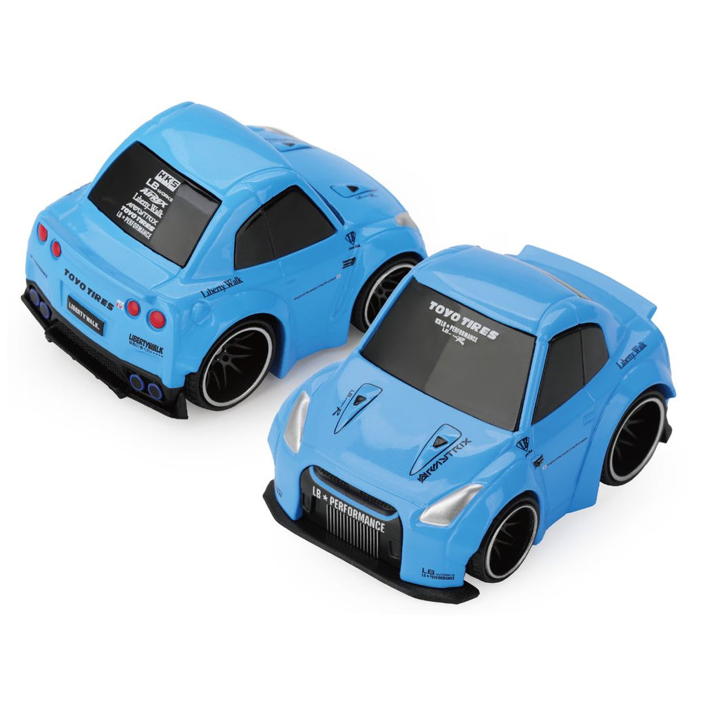 Mini GT Qube Carz #009: Nissan GT-R (R35) LB★WORKS Type 1, Rear Wing ver 2 Baby Blue