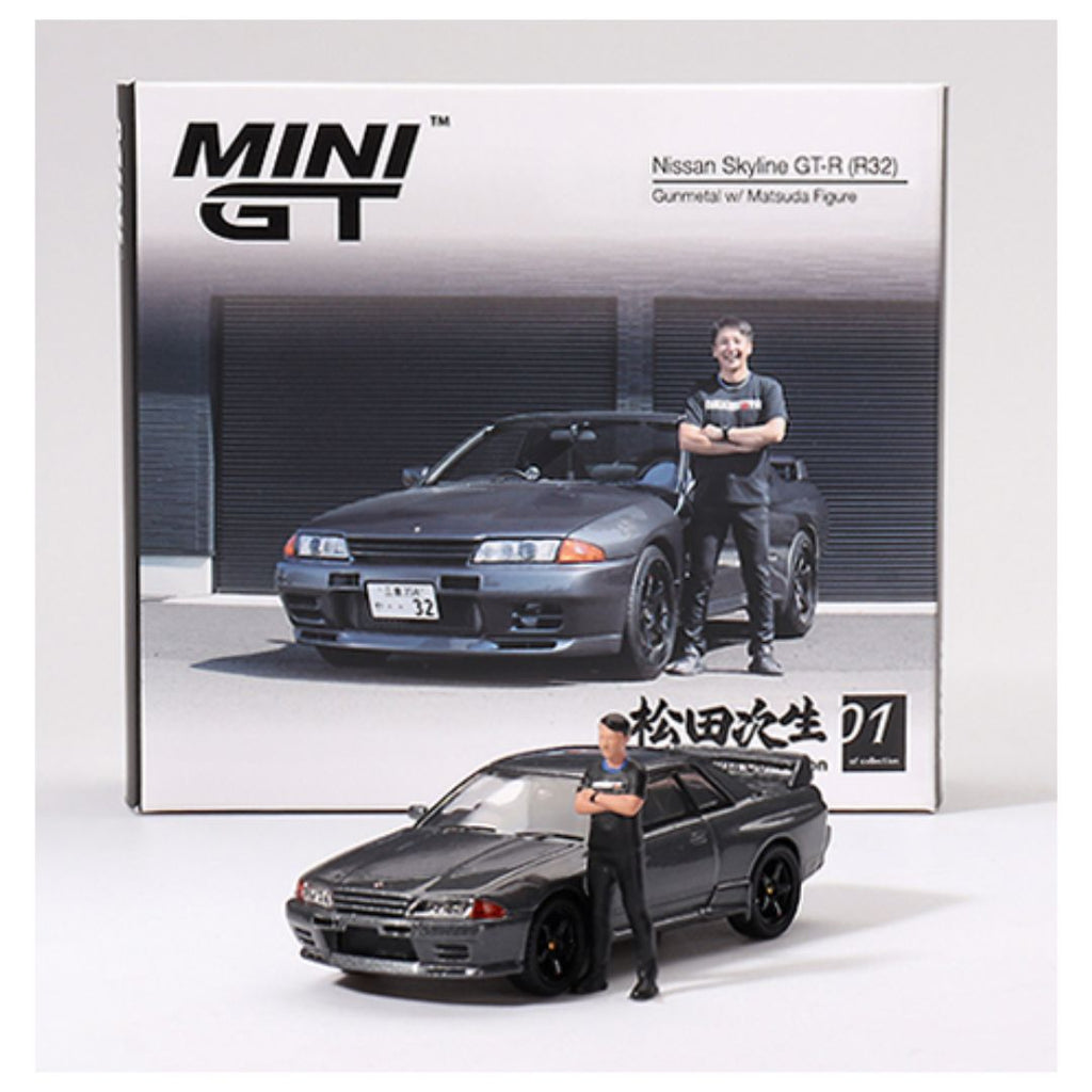 Mini GT #869: Nissan Skyline GT-R (R32) Gunmetal W/ Matsuda Figure Tsugio Matsuda Collection