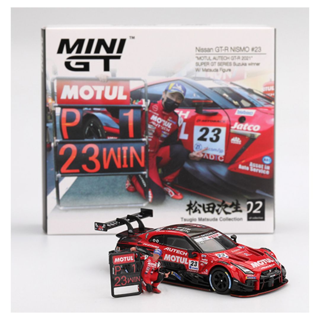 Mini GT #875: Nissan GT-R NISMO #23 "MOTUL AUTECH GT-R 2021" SUPER GT SERIES Suzuka winner W/ Matsuda Figure Tsugio Matsuda Collection No.2 1:64