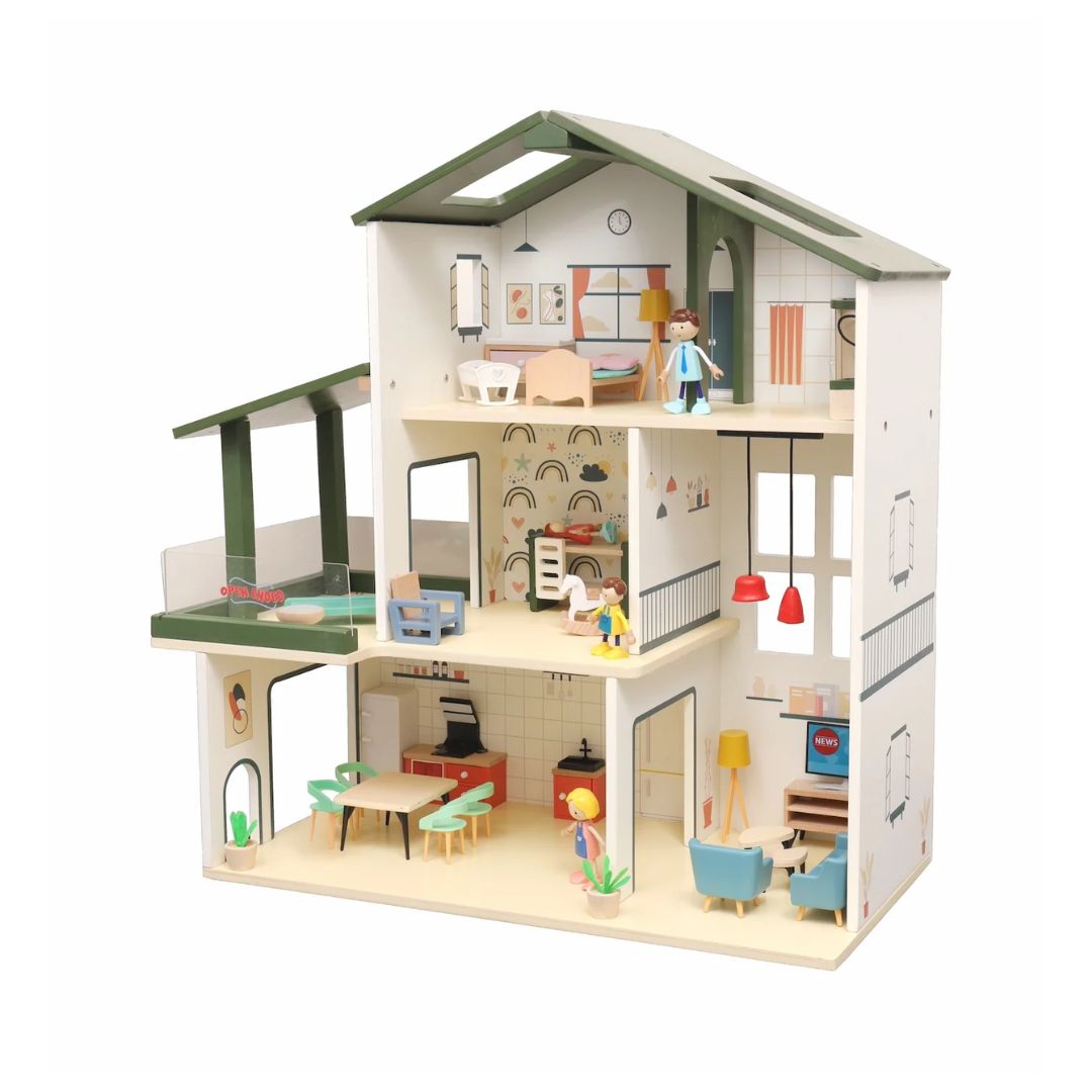 Open Ended: Wooden Dollhouse Modern Villa 31 Pcs With doll