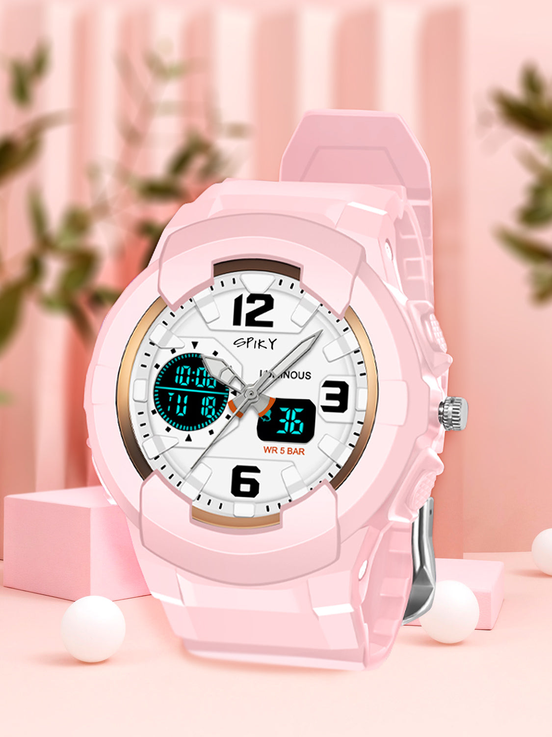 Spiky Analouge & Digital Sporty Watch – Pink