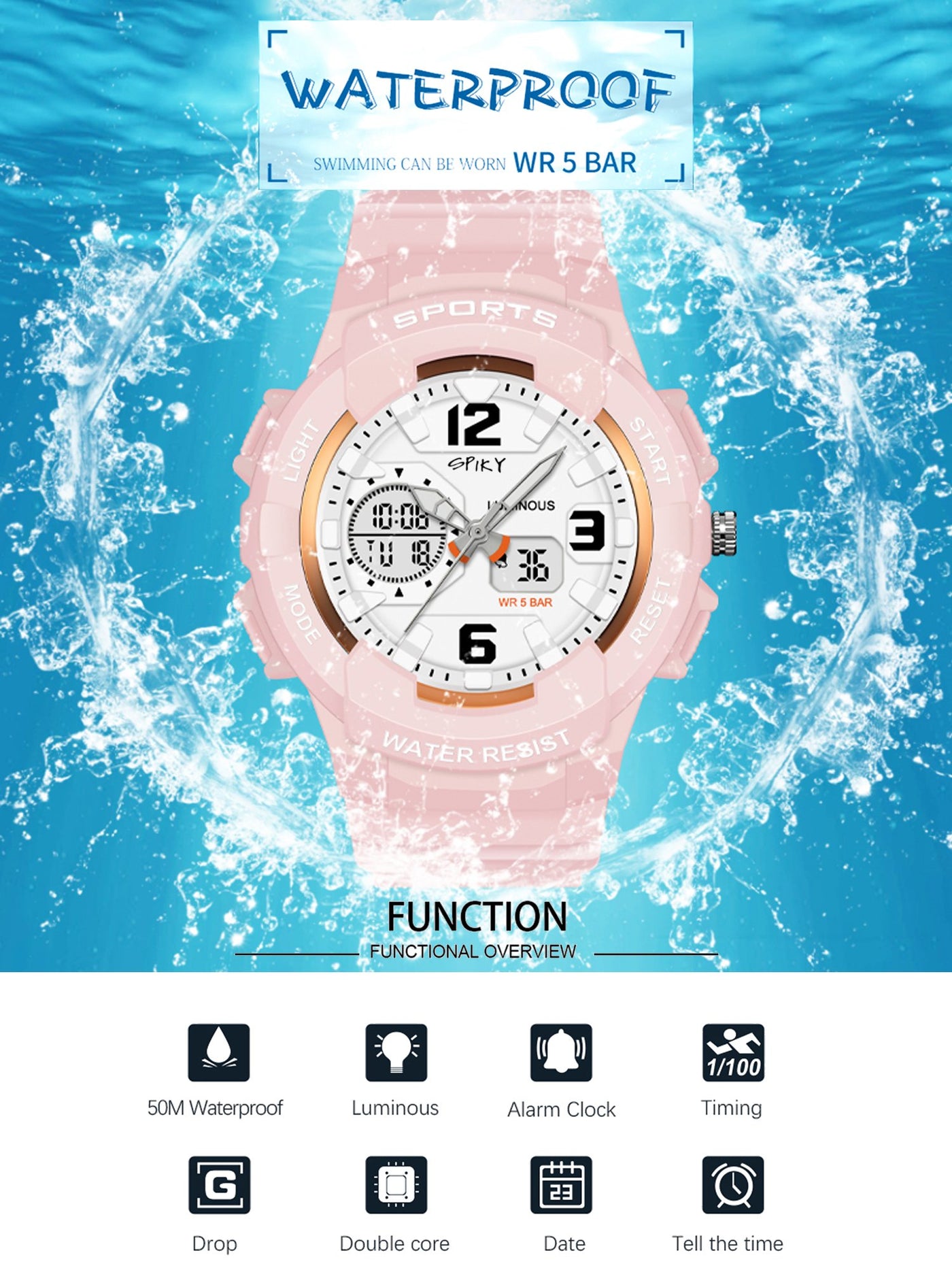 Spiky Analouge & Digital Sporty Watch – Pink