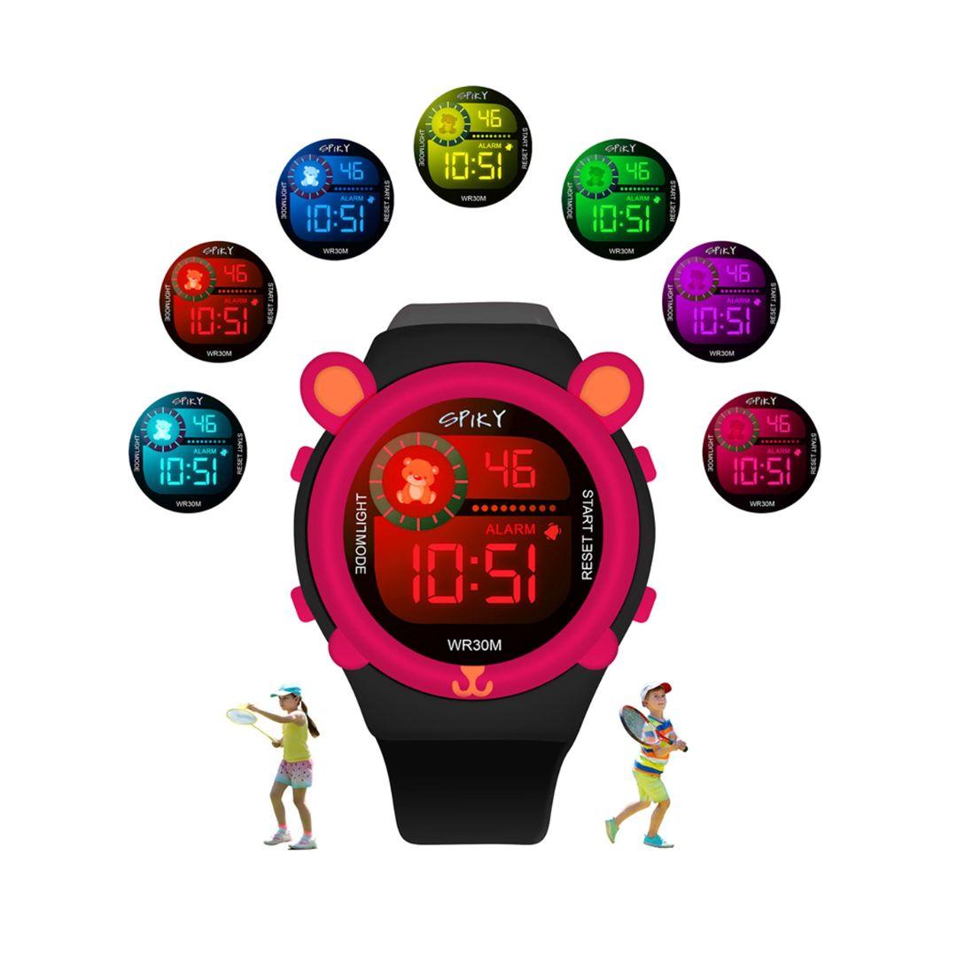 Spiky Fun Digital Watch for Kids with Cute Animal Bear - Black-Red