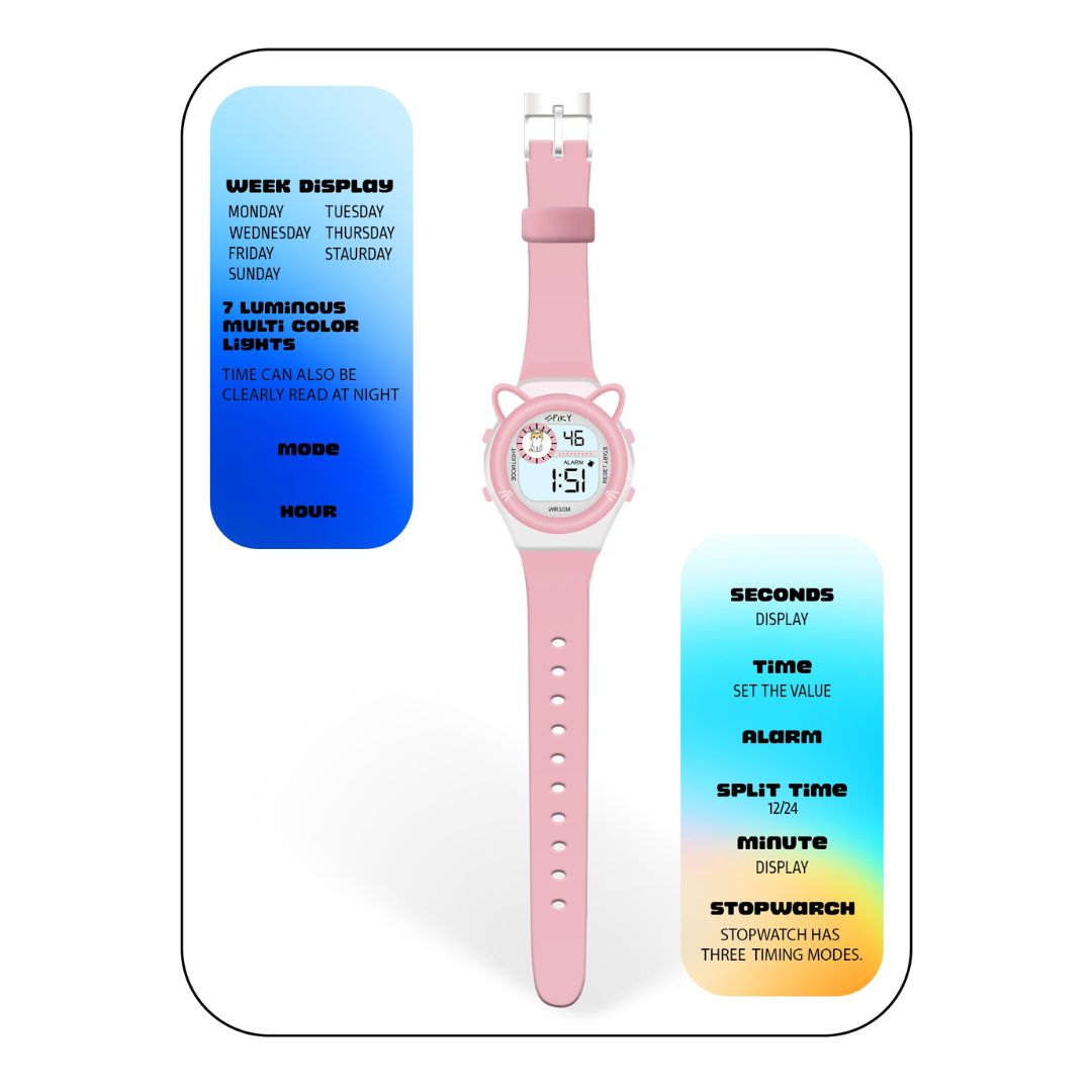 Spiky Fun Digital Watch for Kids with Cute Animal Cat - Pink