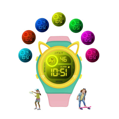 Spiky Fun Digital Watch for Kids with Cute Animal Cat - Yellow