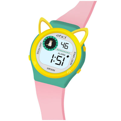 Spiky Fun Digital Watch for Kids with Cute Animal Cat - Yellow