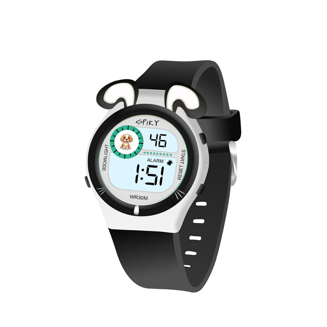 Spiky Fun Digital Watch for Kids with Cute Animal Dog - Black-White