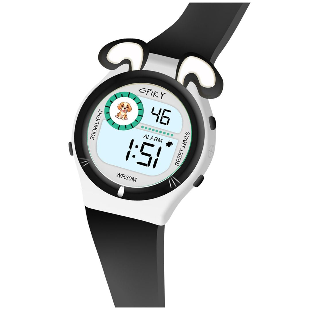 Spiky Fun Digital Watch for Kids with Cute Animal Dog - Black-White