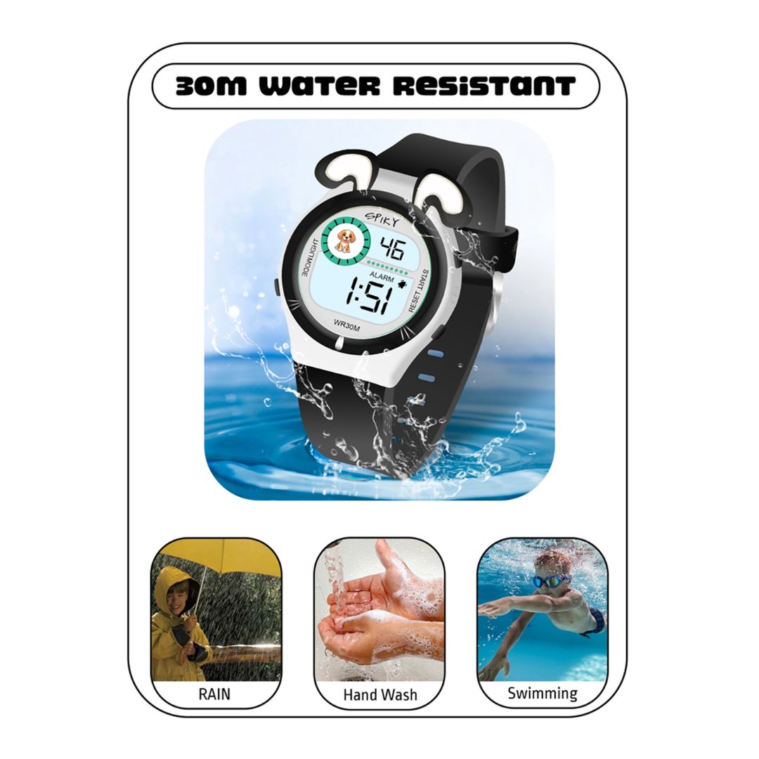 Spiky Fun Digital Watch for Kids with Cute Animal Dog - Black-White