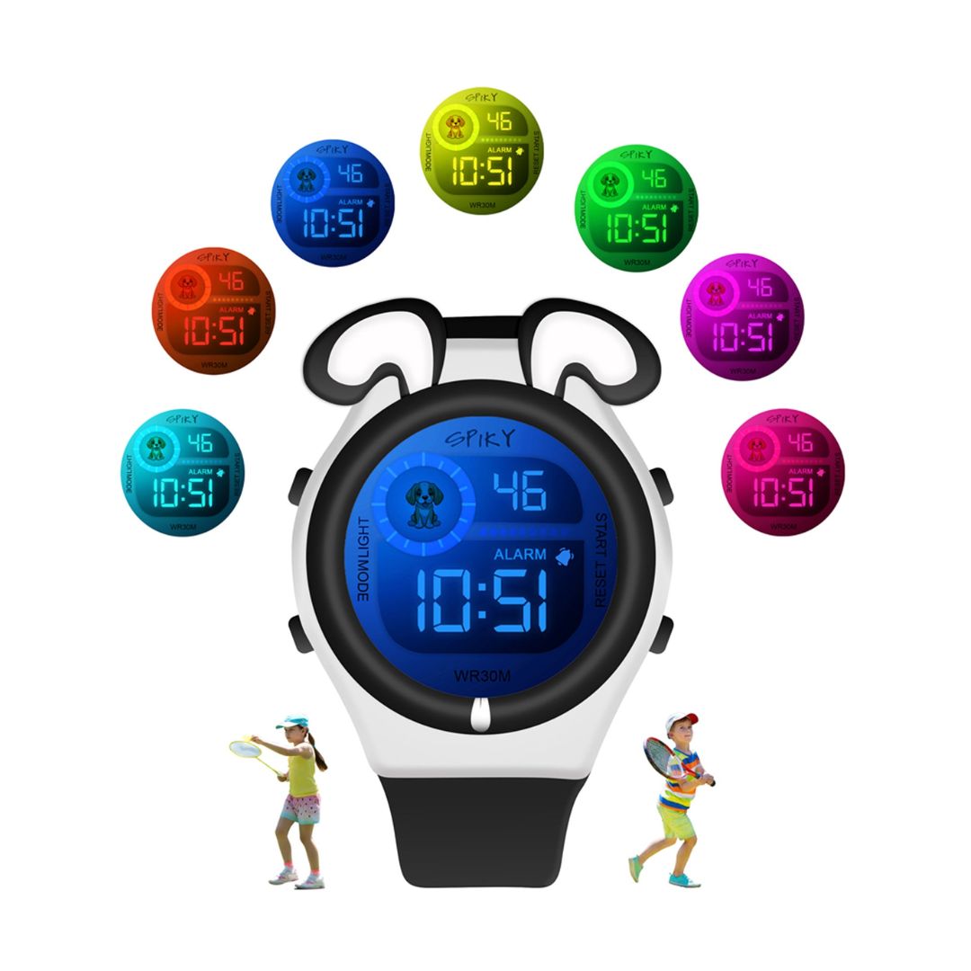 Spiky Fun Digital Watch for Kids with Cute Animal Dog - Black-White