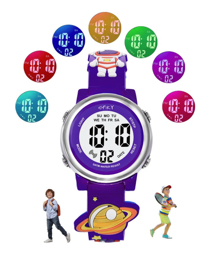 Spiky Round Digital Watch for Kids with Astro Cartoon Design Strap - Blue