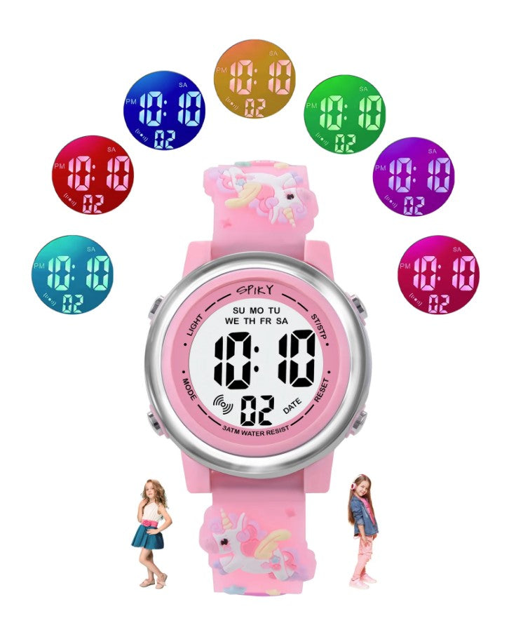 Spiky Round Digital Watch for Kids with Unicorn Cartoon Design Strap - Pink