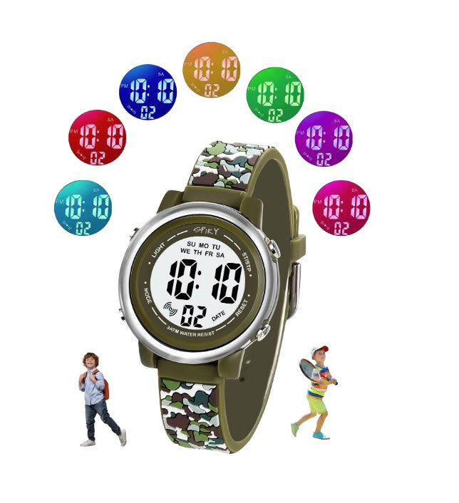 Spiky Round Digital Watch for Kids with Army Design Strap - Green