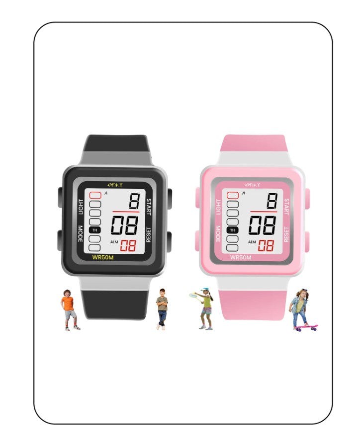 Spiky Stylish Square Digital Watch for Kids - Black Pink