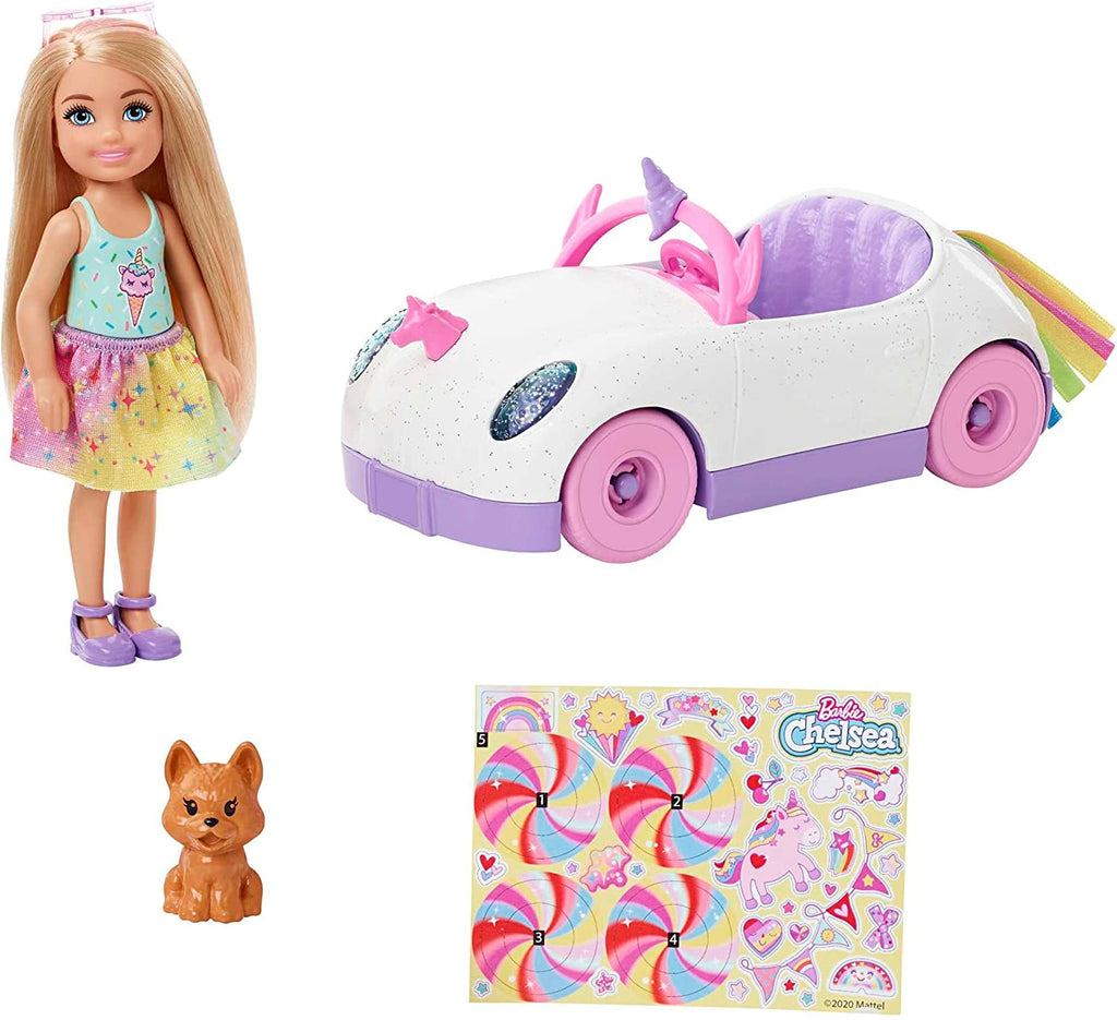 Club Chelsea Doll (6-Inch Blonde) With Open-Top Rainbow Unicorn-Themed Car & Pet Puppy | Barbie