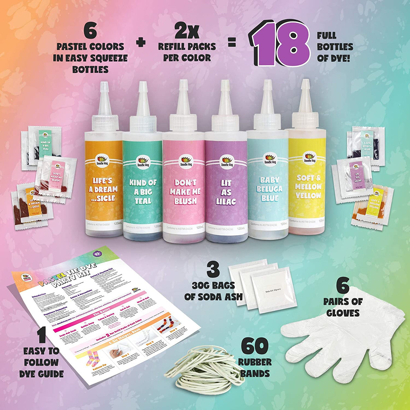 Pastel Tie Dye Party Kit (6-Pack) | Doodle Hog
