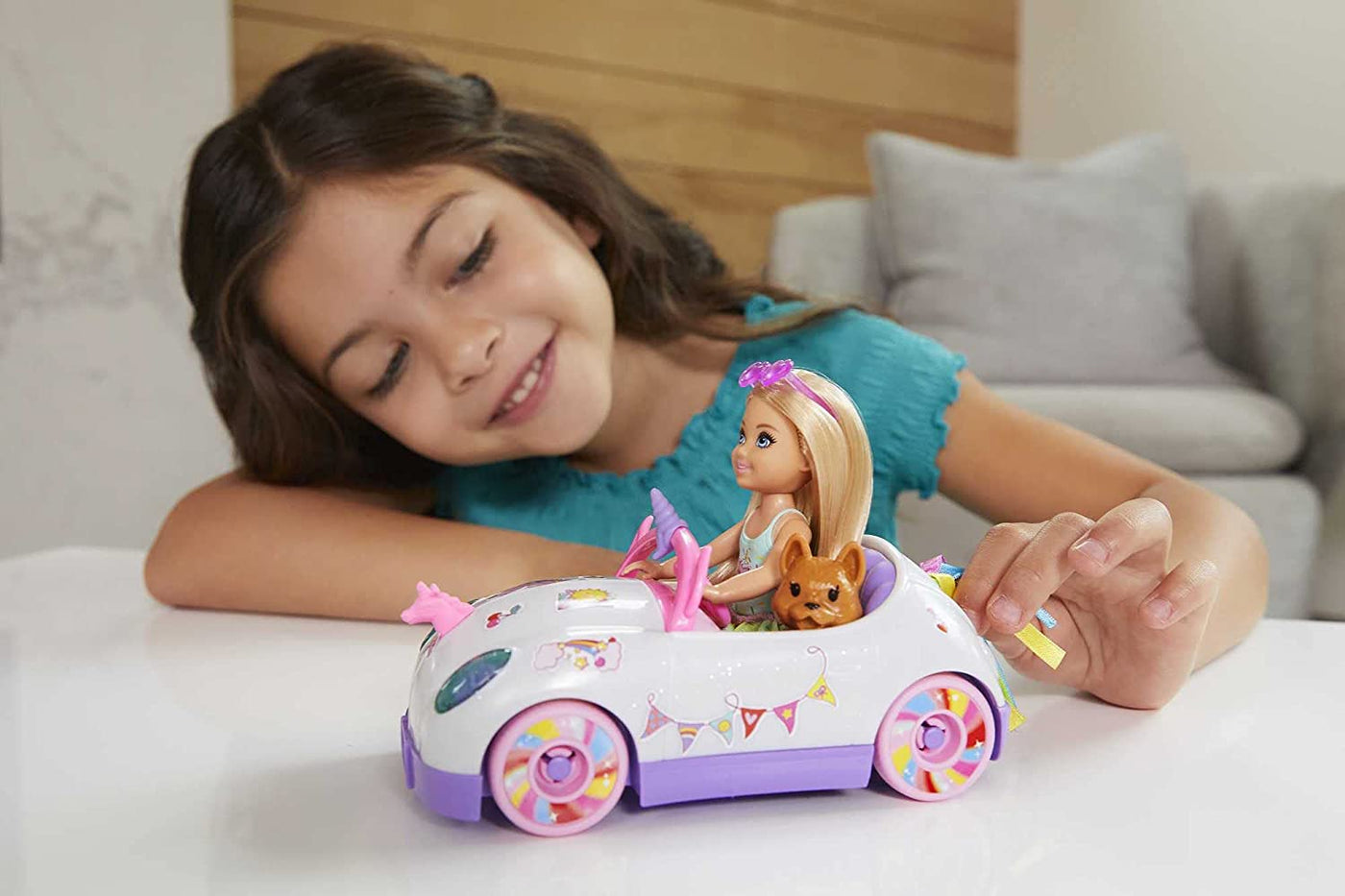 Club Chelsea Doll (6-Inch Blonde) With Open-Top Rainbow Unicorn-Themed Car & Pet Puppy | Barbie