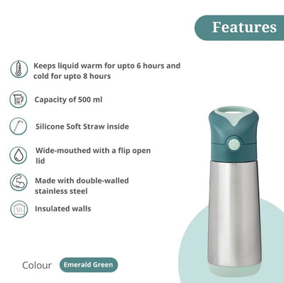 Insulated Straw Sipper: Water Bottle 500ml - Emerald Forest Green | B.Box