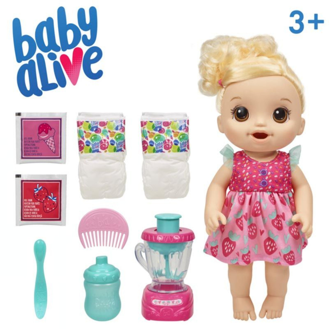 Baby Alive Magical Mixer Baby Doll  showing contents mixer, diaper comb, brush 
