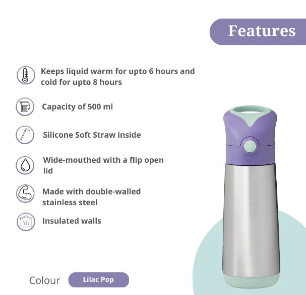Insulated Straw Sipper: Water Bottle 500ml - Lilac Pop Purple | B.Box