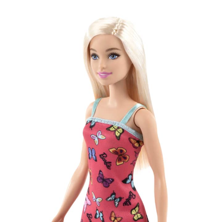 Barbie Doll With Colorful Butterfly And Barbie Logo Print Dress - Pink | Barbie