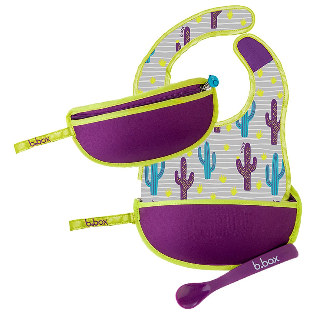 Travel Bib & Flexible Soft Bite Spoon Set Cactus Capers - Purple Grey | b.box by B.Box Baby Care