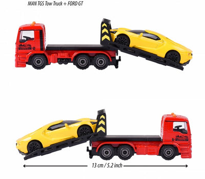 Man GTS Tow Truck+Ford GT: Trailer - 1:64 | Majorette