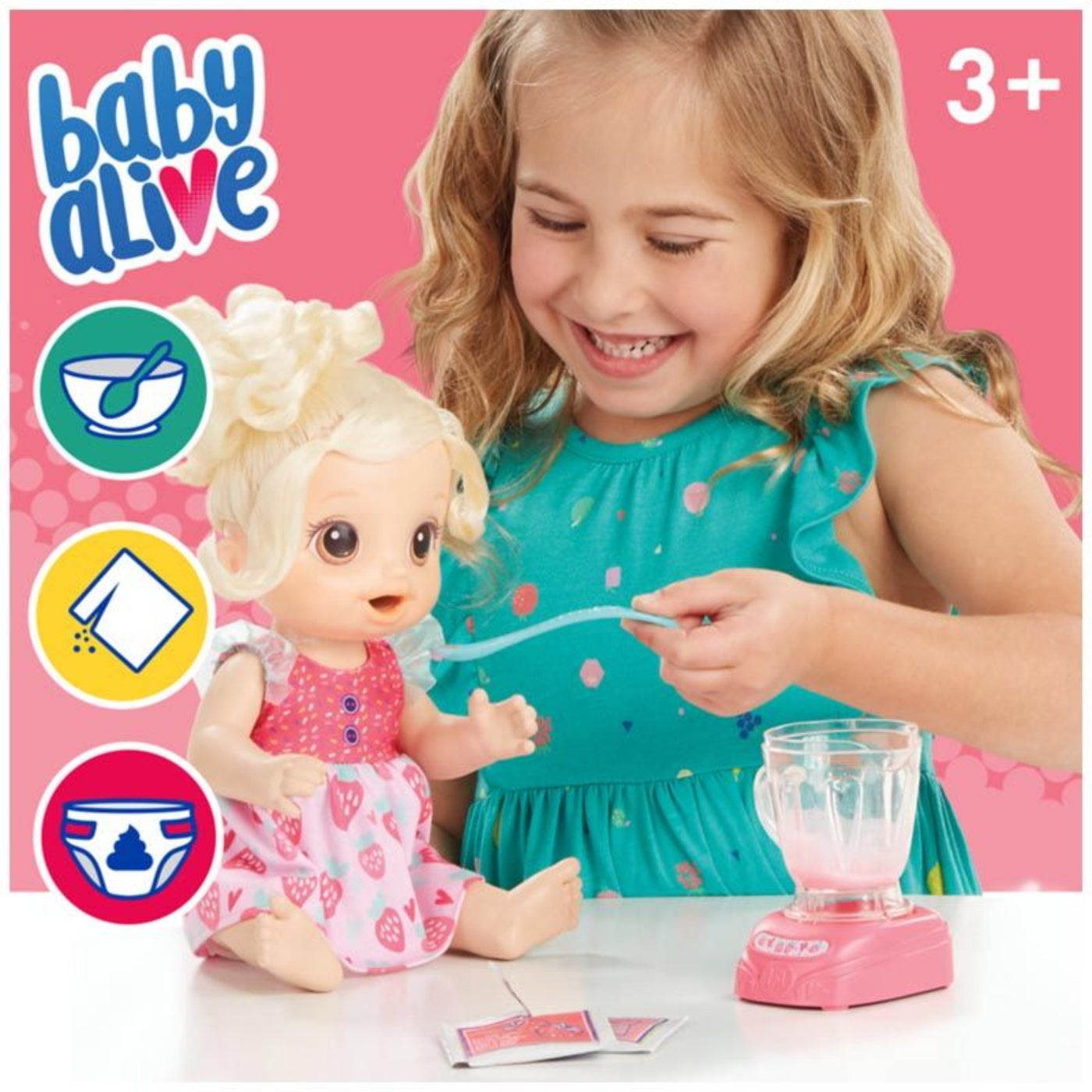 Baby Alive Magical Mixer Baby Doll image showing girl feeding doll with a spoon