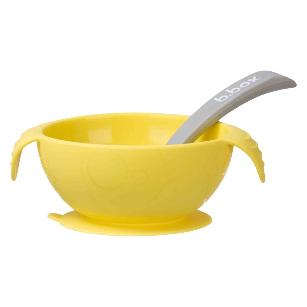 Silione First Feeding Bowl Set with Spoon – Lemon Sherbet Yellow Grey | b.box