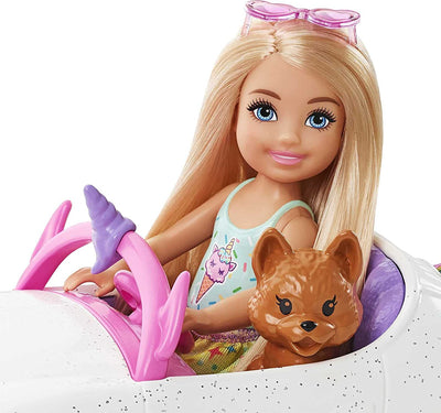 Club Chelsea Doll (6-Inch Blonde) With Open-Top Rainbow Unicorn-Themed Car & Pet Puppy | Barbie
