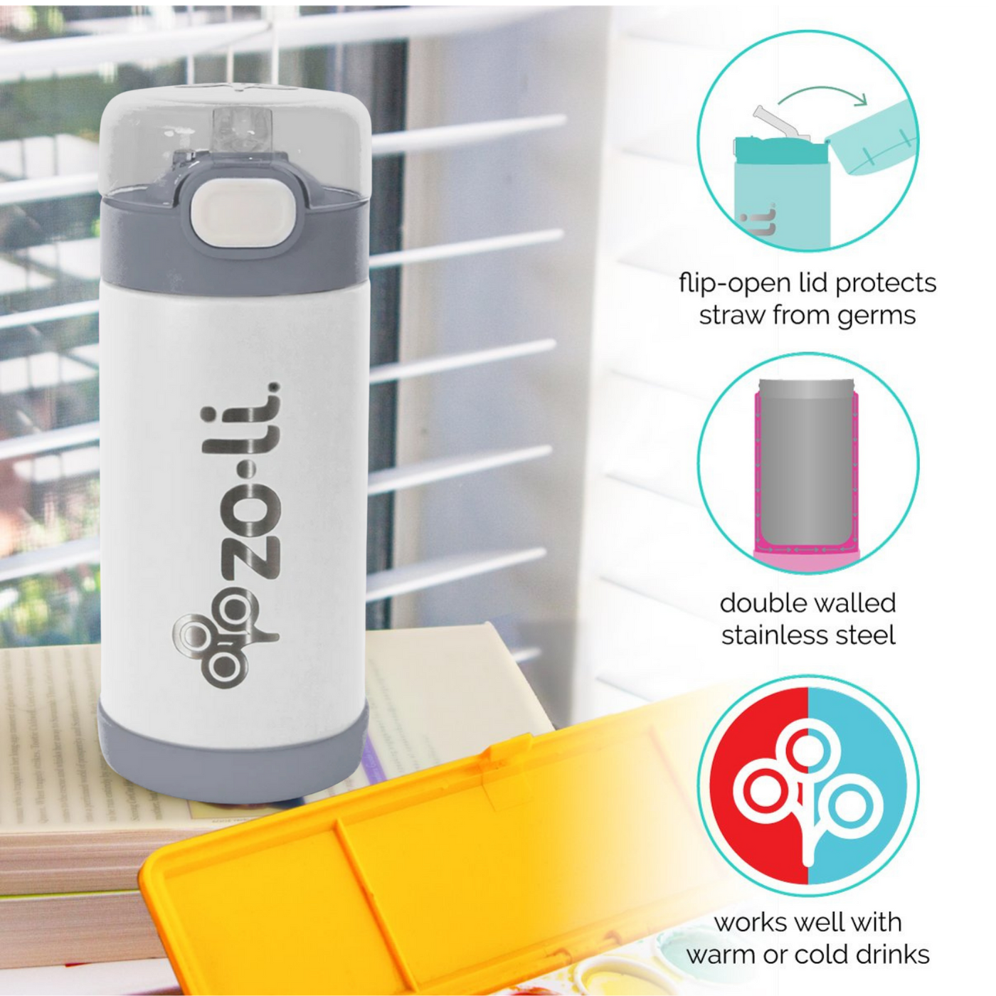 Insulated Straw Drink Bottle - White | ZoLi