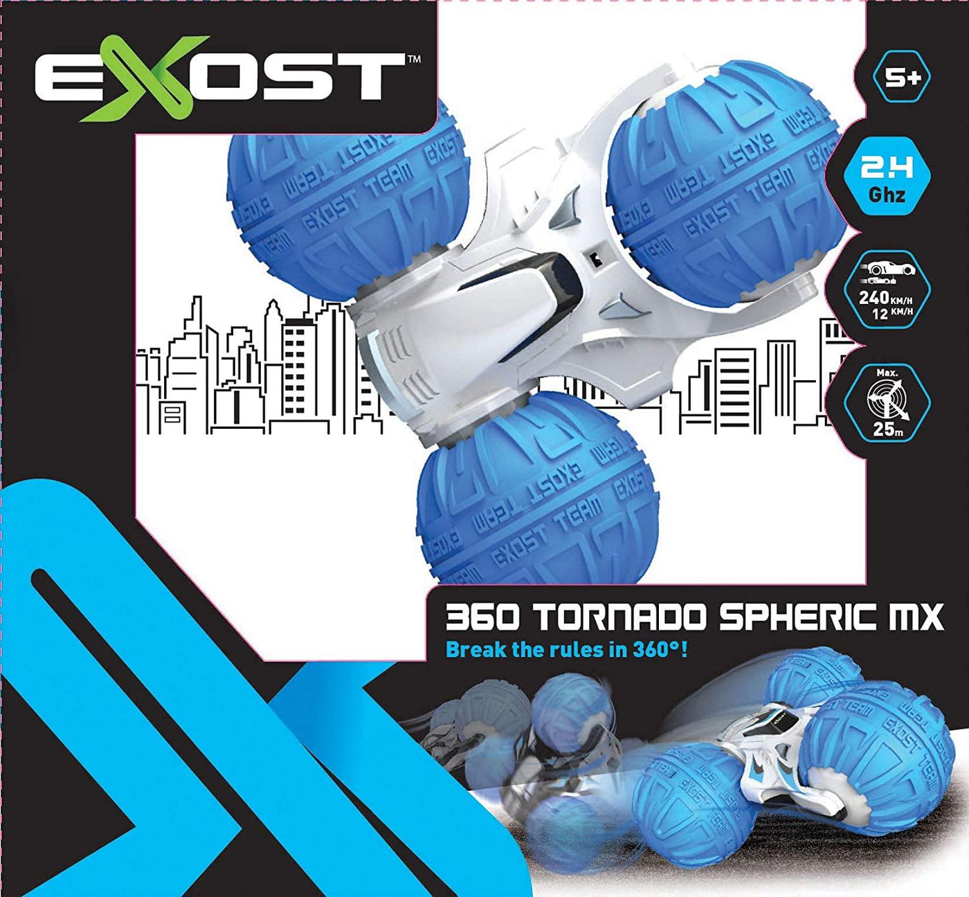 EXOST RC 360 Tornado SPHERIC MX Stunt Car; Remote Control Stunt Car; Scale 1:18; Speed 8 Km/h; Spin: 360°; 2 Faces: White & Black; Blue - Krazy Caterpillar 